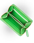 Small leather zip around accordion coin purse, emerald croc, open view