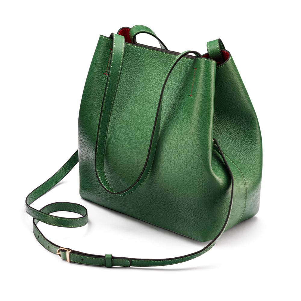 Leather tote bag, emerald, with long strap