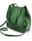 Leather tote bag, emerald, with long strap