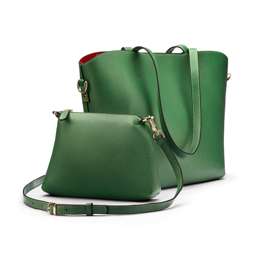 Leather tote bag, emerald, with mini bag