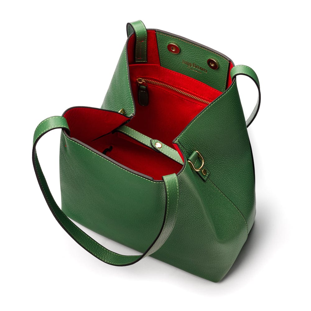 Leather tote bag, emerald, open view