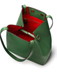 Leather tote bag, emerald, open view