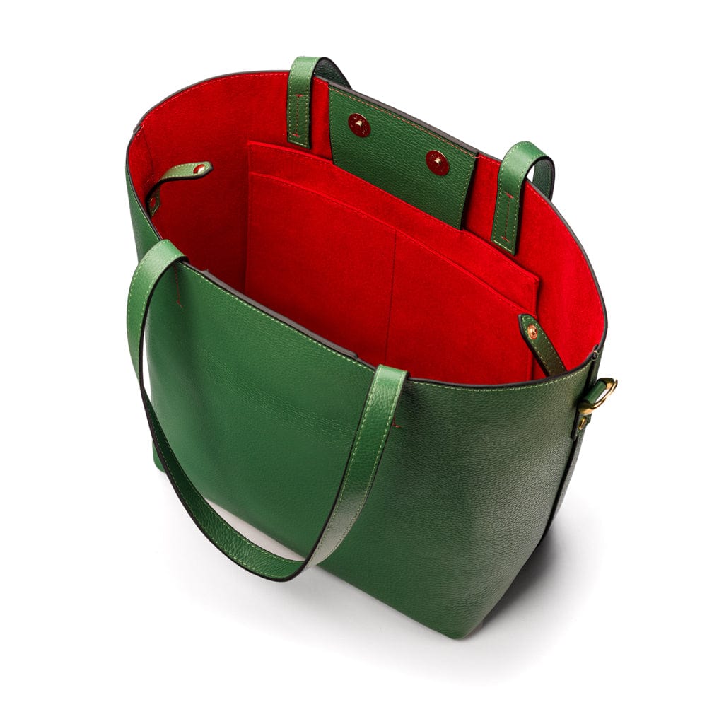 Leather tote bag, emerald, open 2