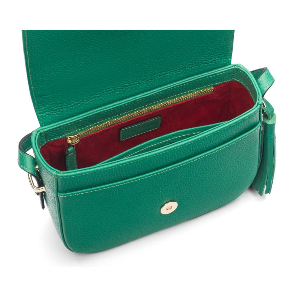 Leather saddle bag, emerald green, inside