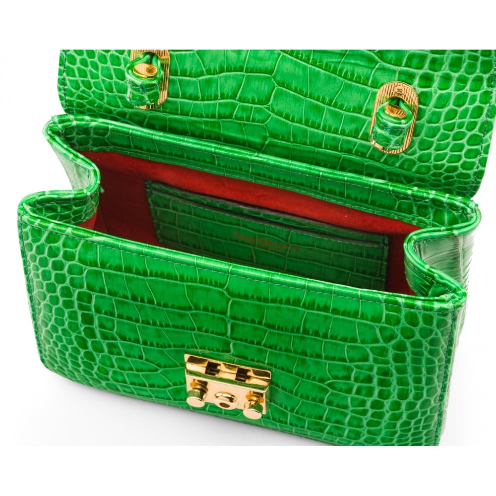 Small leather top handle bag, emerald croc, inside