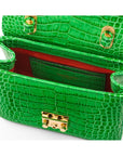 Small leather top handle bag, emerald croc, inside