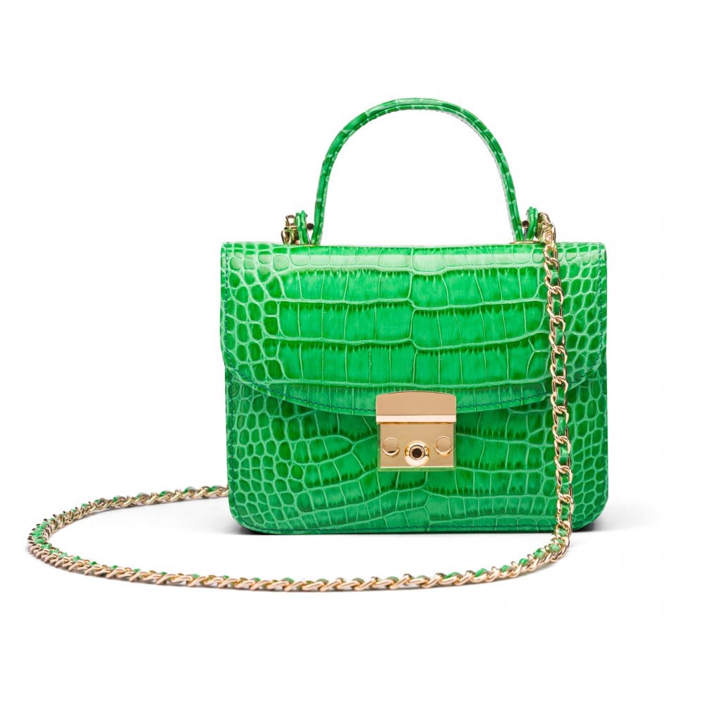 Small leather top handle bag, emerald croc, with chain strap