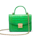 Small leather top handle bag, emerald croc, with chain strap