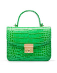 Small leather top handle bag, emerald croc, front