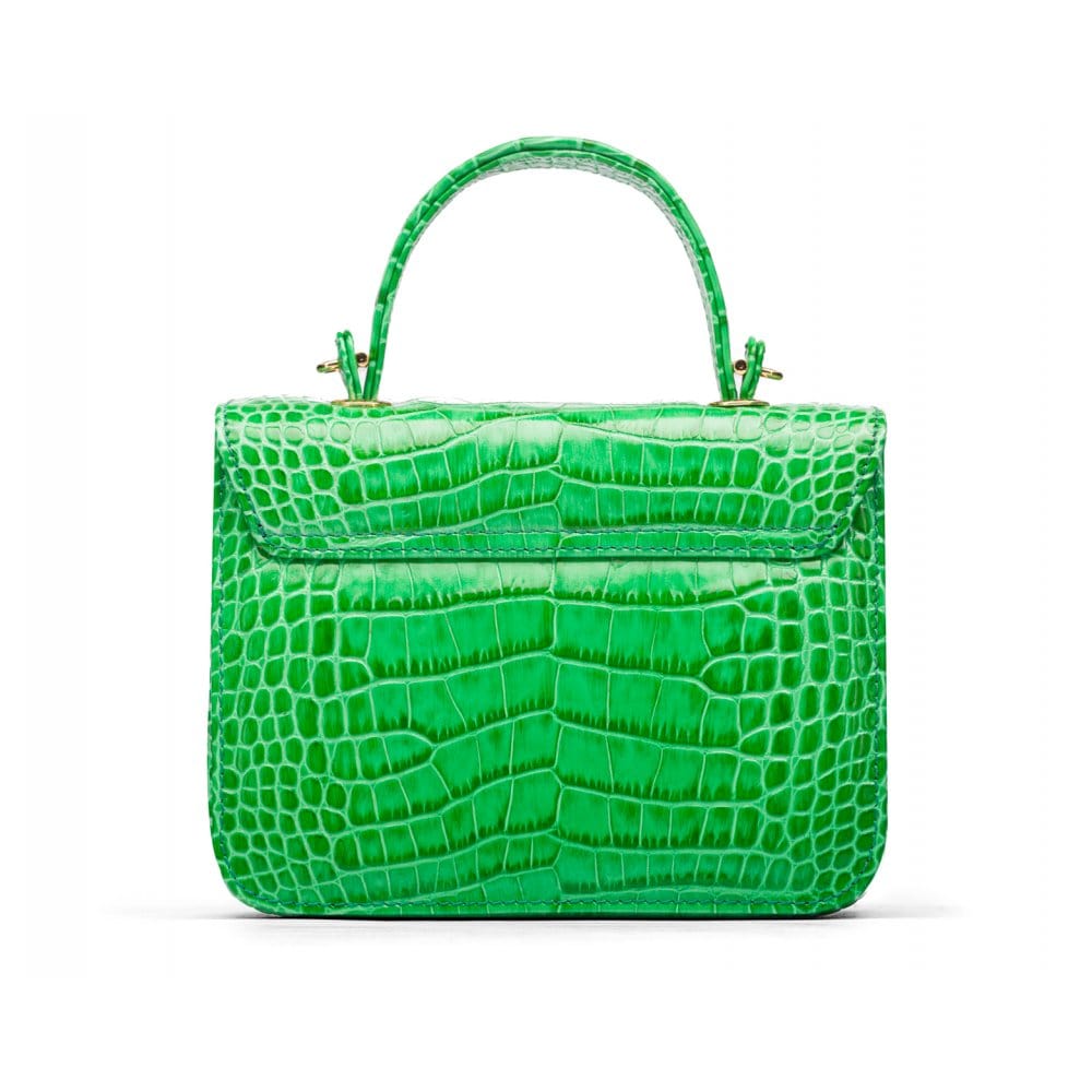 Small leather top handle bag, emerald croc, back