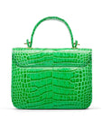 Small leather top handle bag, emerald croc, back