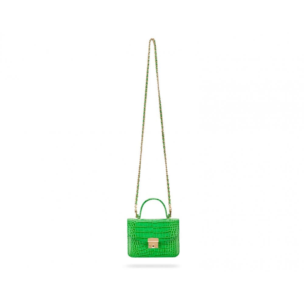 Small leather top handle bag, emerald croc
