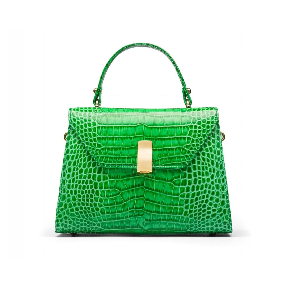 Leather top handle bag, emerald green croc, front