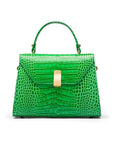 Leather top handle bag, emerald green croc, front