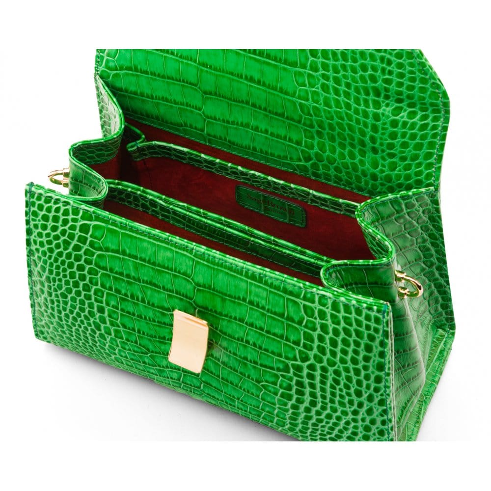 Leather top handle bag, emerald green croc, inside