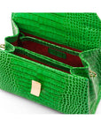 Leather top handle bag, emerald green croc, inside