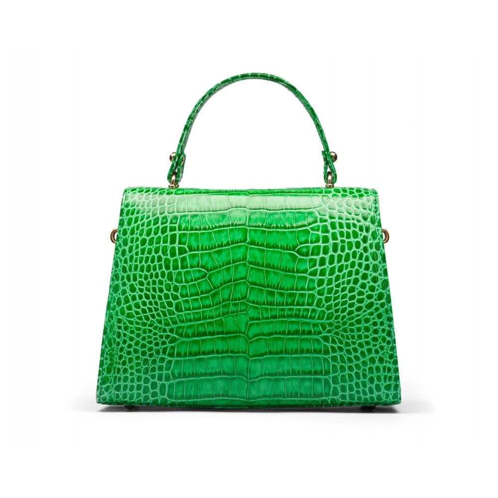 Leather top handle bag, emerald green croc, back