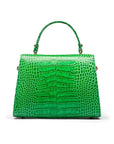 Leather top handle bag, emerald green croc, back