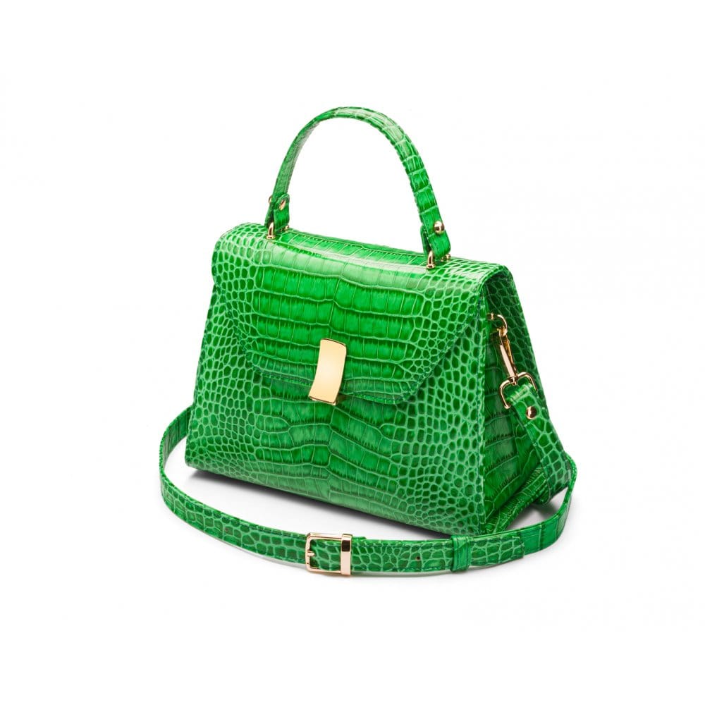 Leather top handle bag, emerald green croc, side