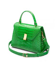 Leather top handle bag, emerald green croc, side