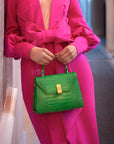 Leather top handle bag, emerald croc, lifestyle