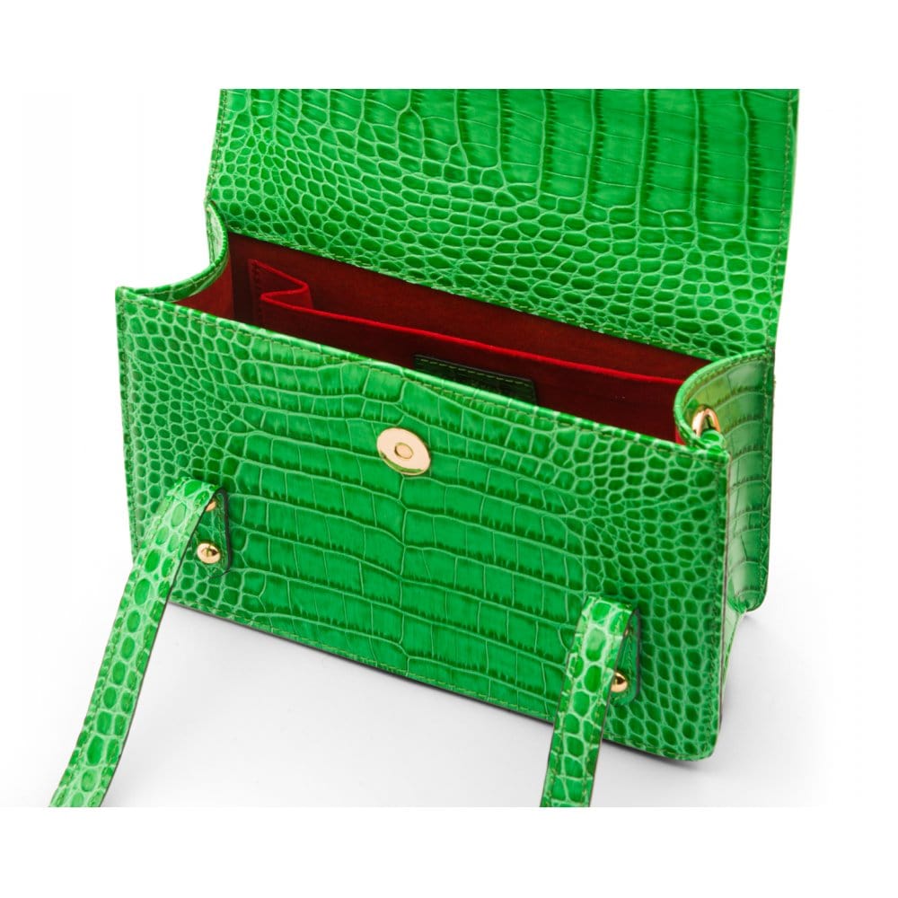 Mini top handle Harmony music bag, emerald croc, inside view