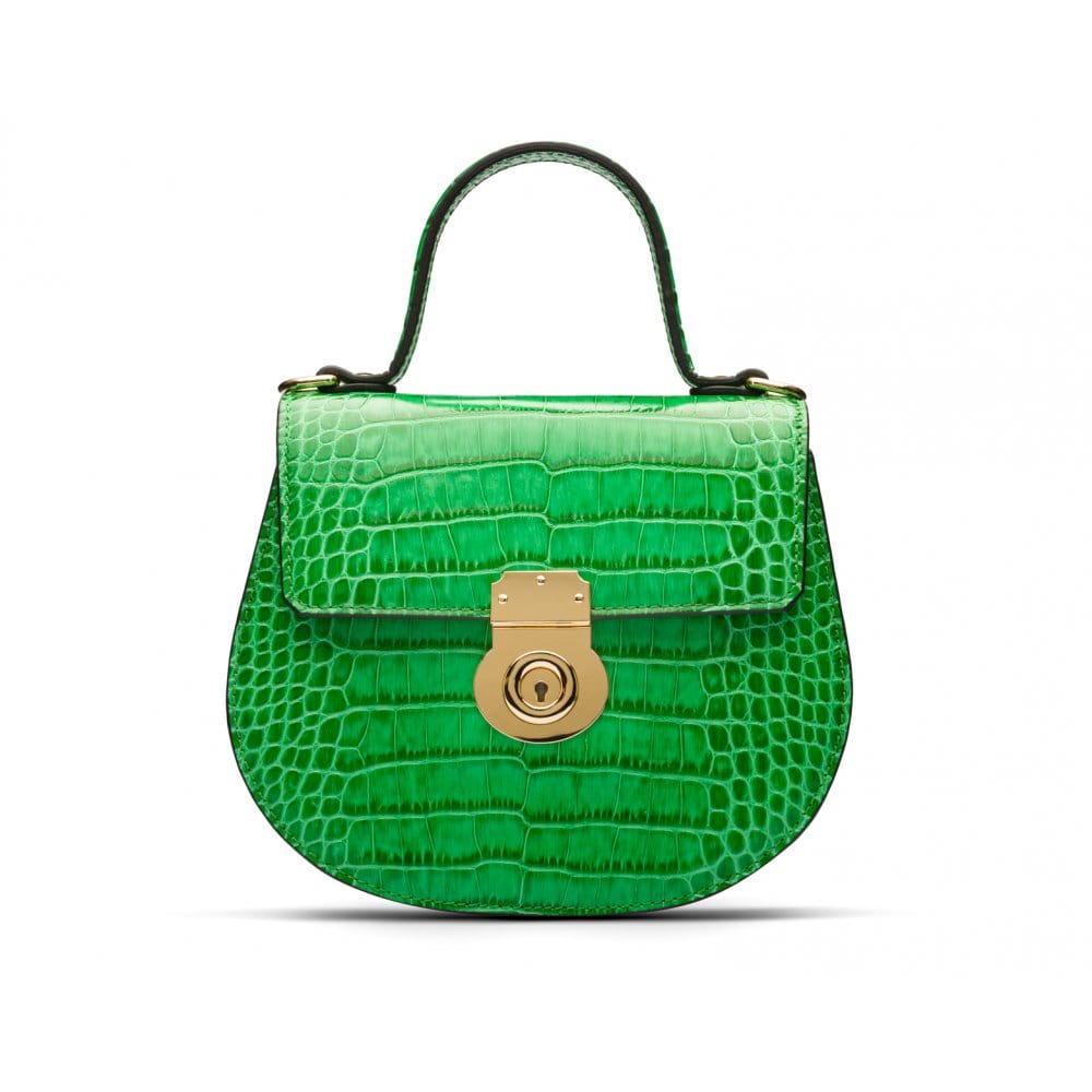 Leather rounded bottom top handle bag, emerald croc, front