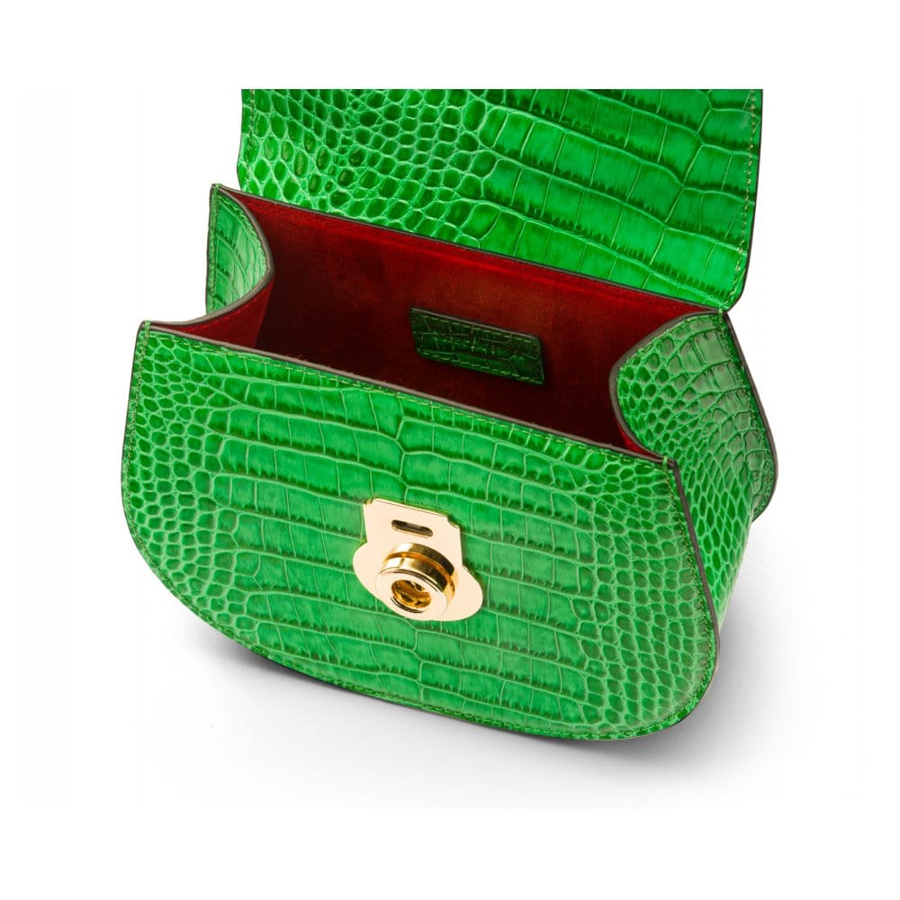Leather rounded bottom top handle bag, emerald croc, inside