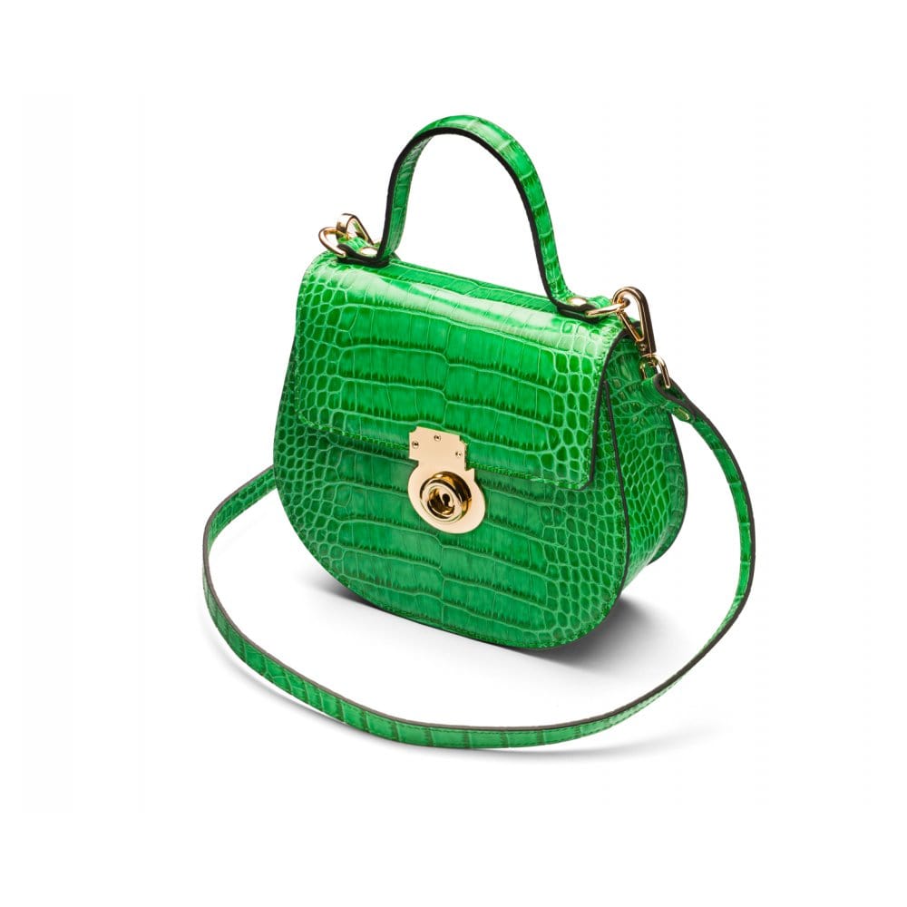 Leather rounded bottom top handle bag, emerald croc, side