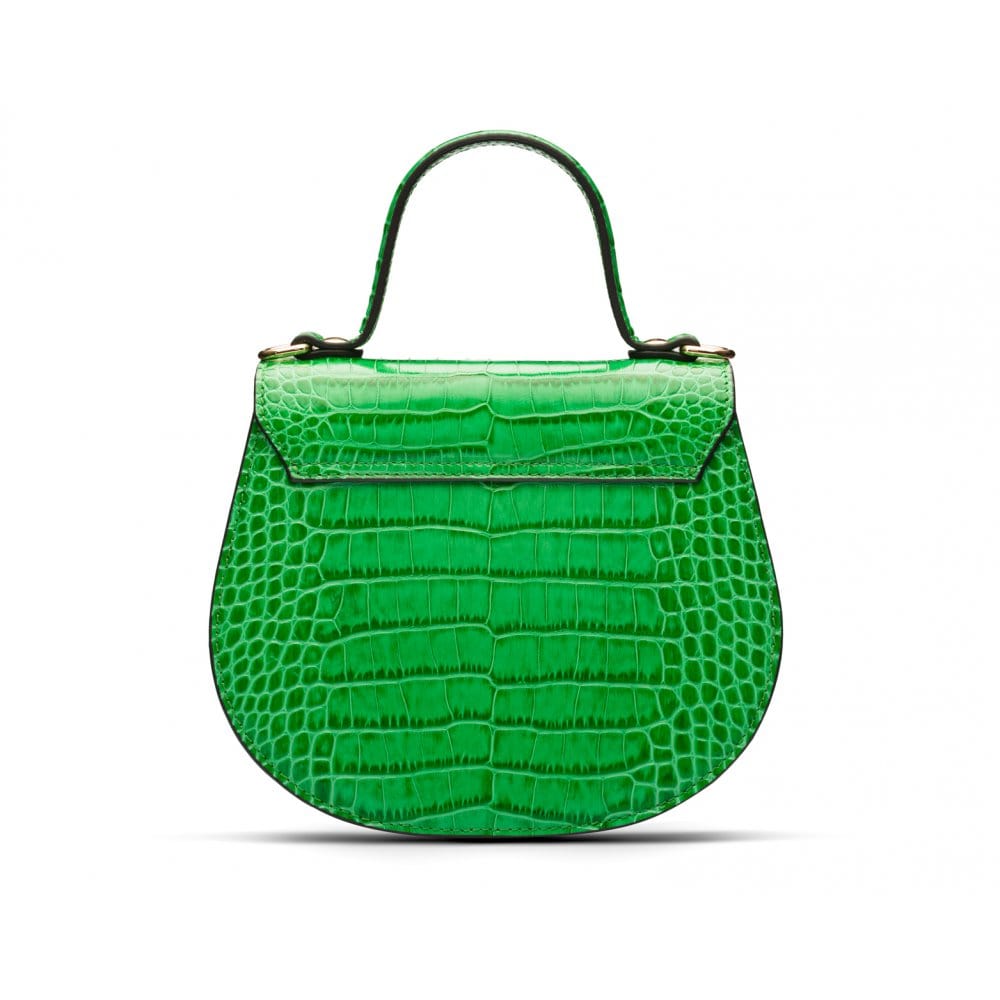 Leather rounded bottom top handle bag, emerald croc, back