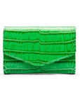 Small leather concertina purse, emerald croc, front