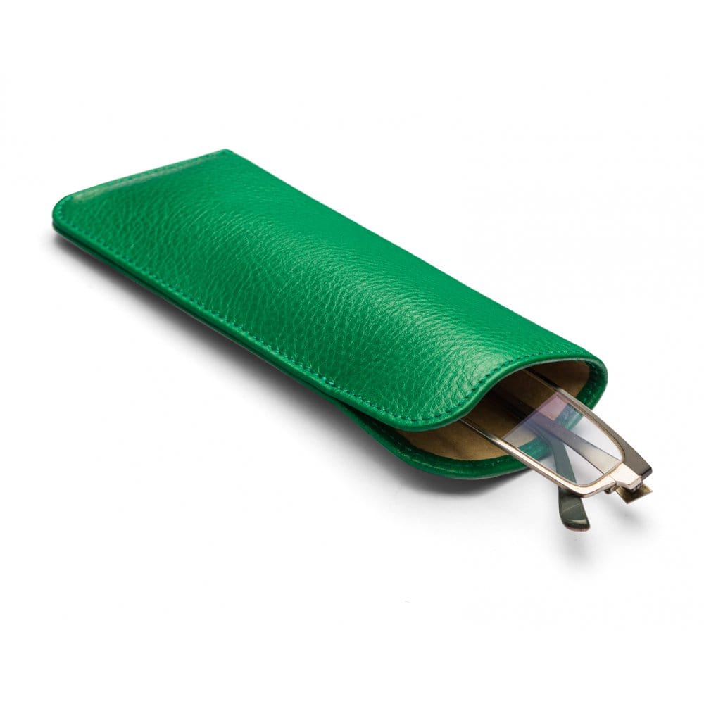Large leather glasses case, emerald green, open