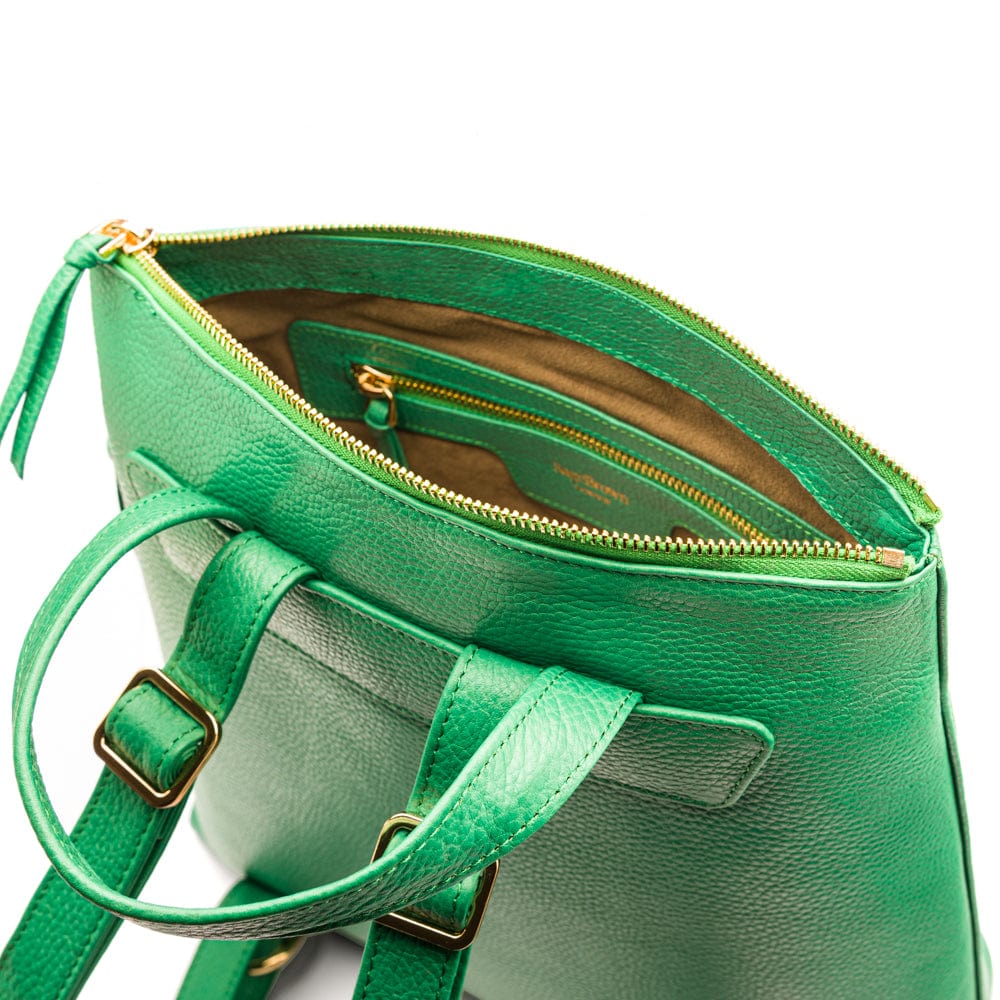 Leather 13" laptop backpack, emerald green, inside view