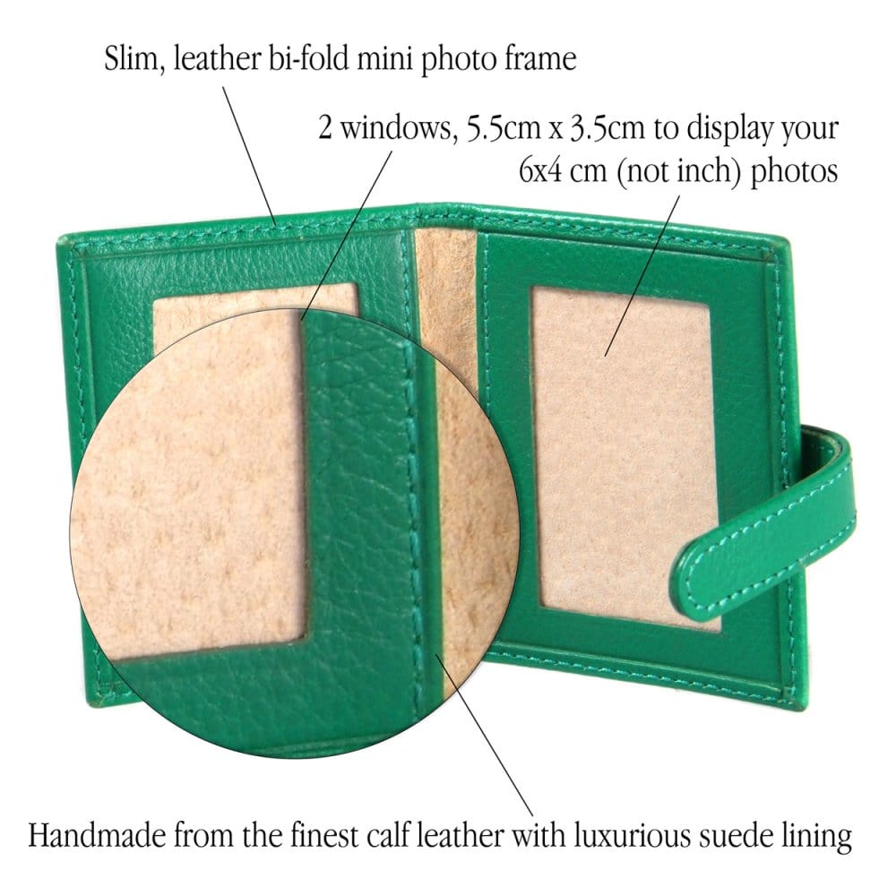 Mini leather passport photo frame, emerald green, 60 x 40mm, features