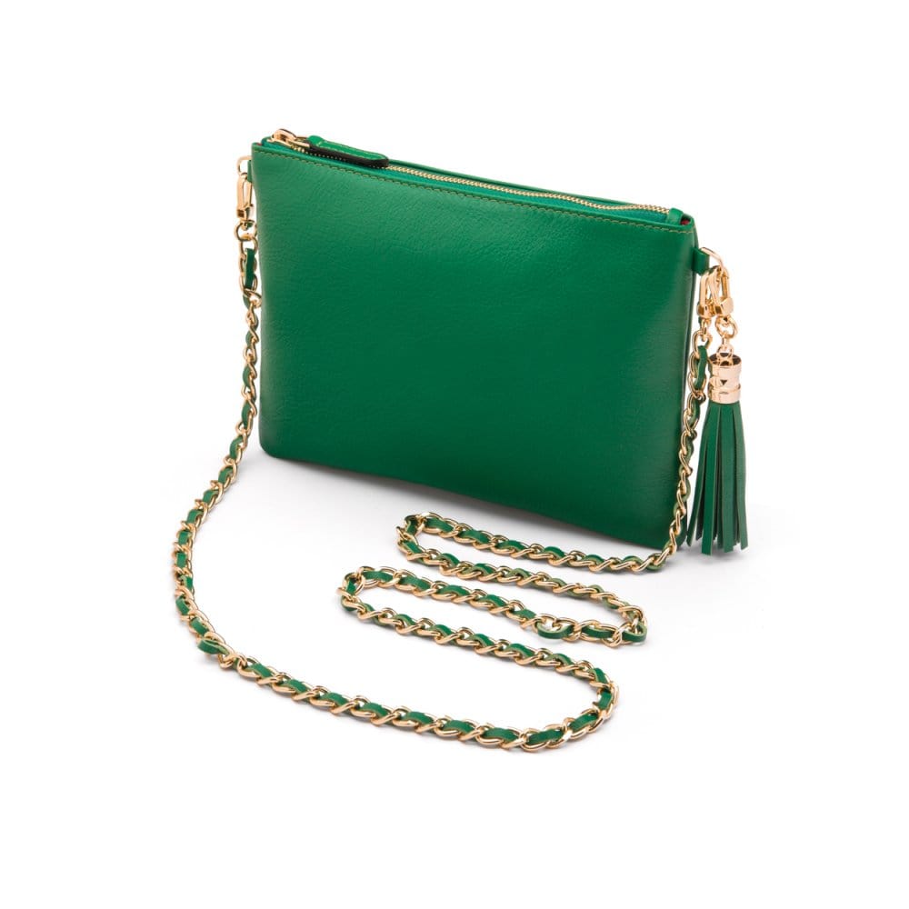 Leather cross body bag with chain strap, emerald green