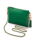 Leather cross body bag with chain strap, emerald green