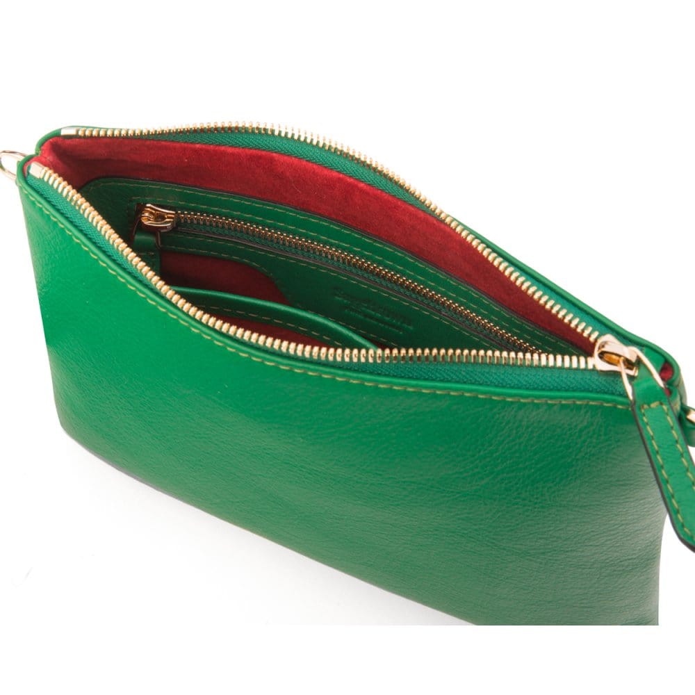 Leather cross body bag with chain strap, emerald green, inside