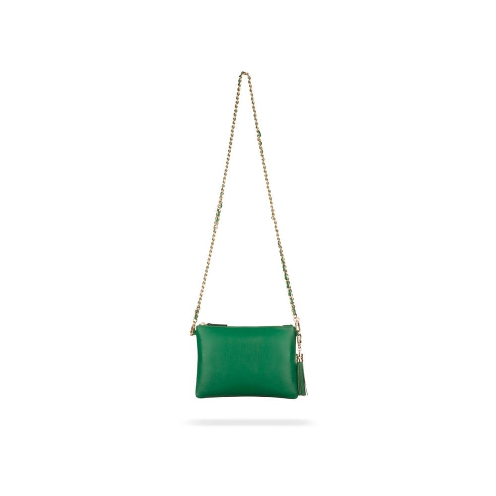 Leather cross body bag with chain strap, emerald green, front