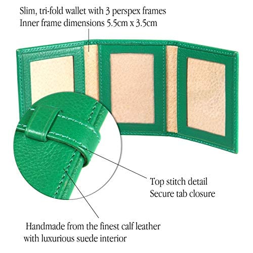 Mini leather trifold photo frame, emerald green, 60 x 40mm, features