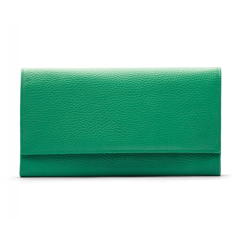 Luxury leather travel wallet, emerald, front