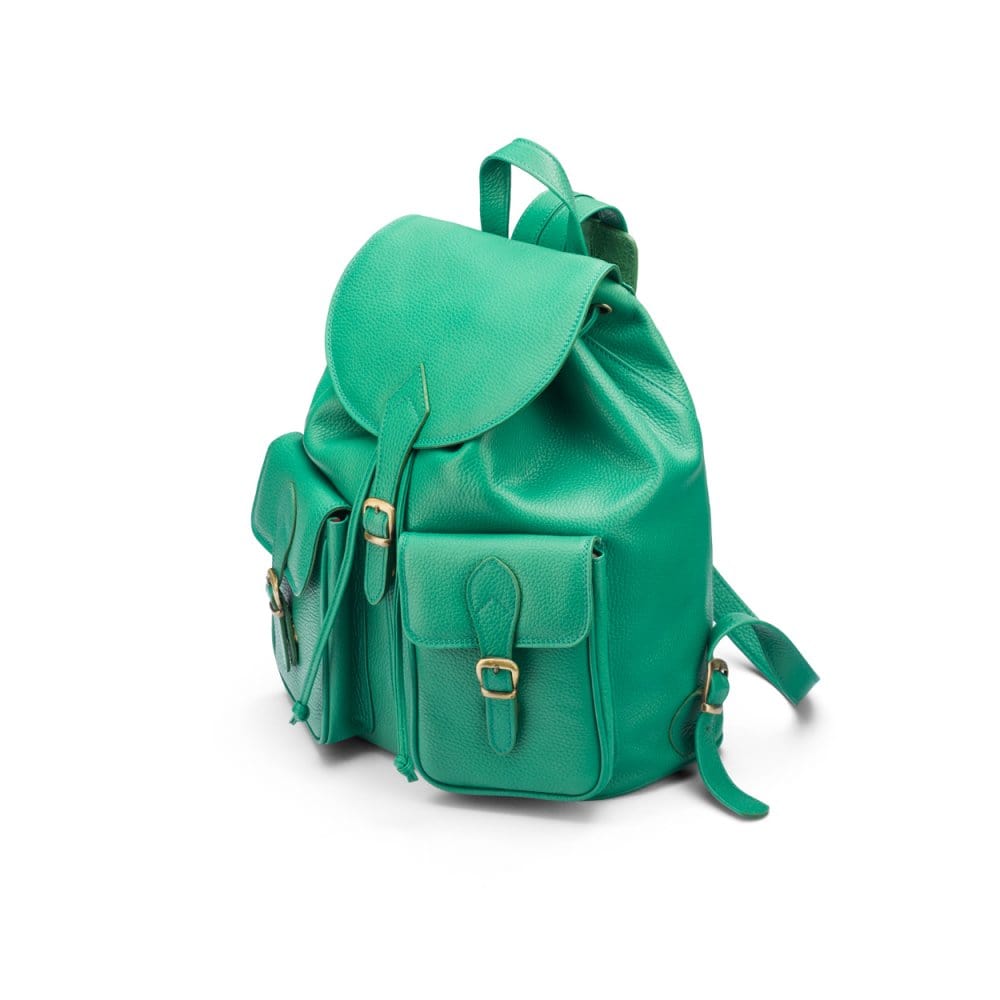 Leather backpack with pockets, emerald, side view