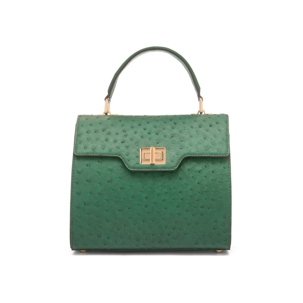 Real ostrich top handle bag, emerald green, front view