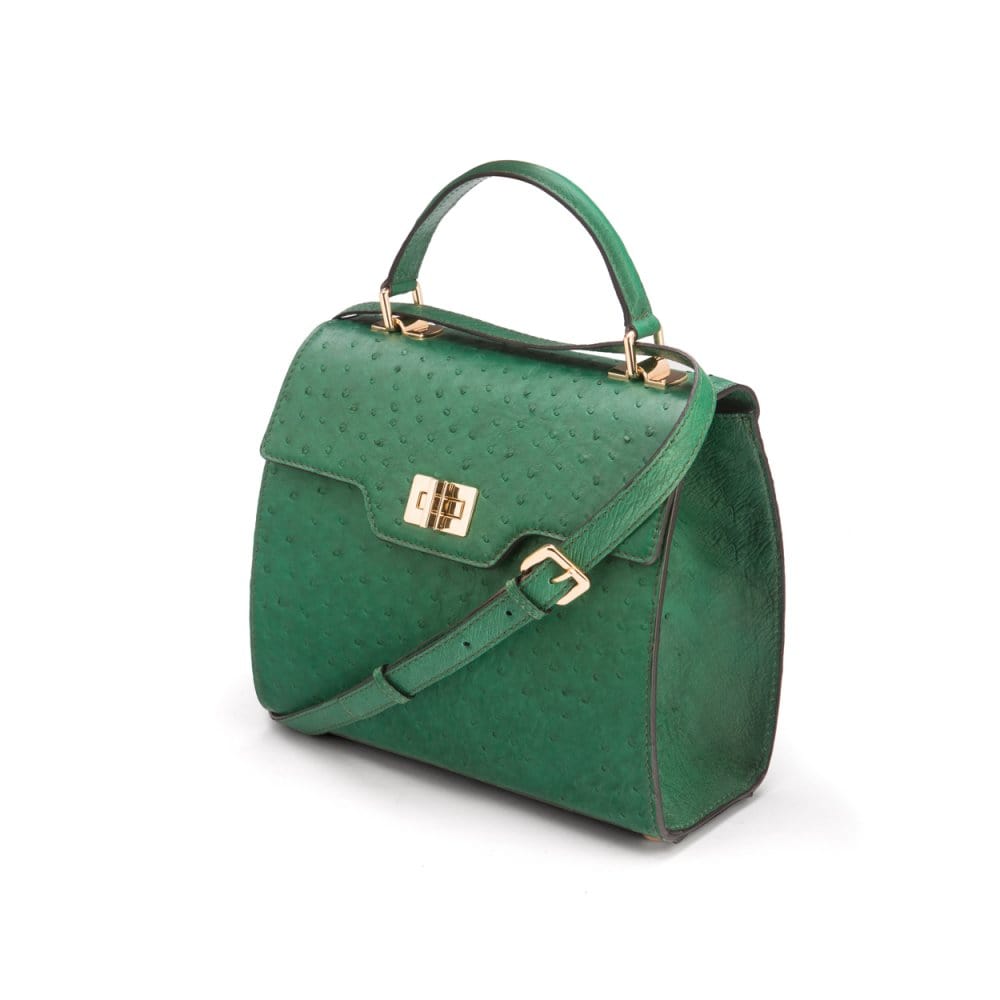 Real ostrich top handle bag, emerald green, side view