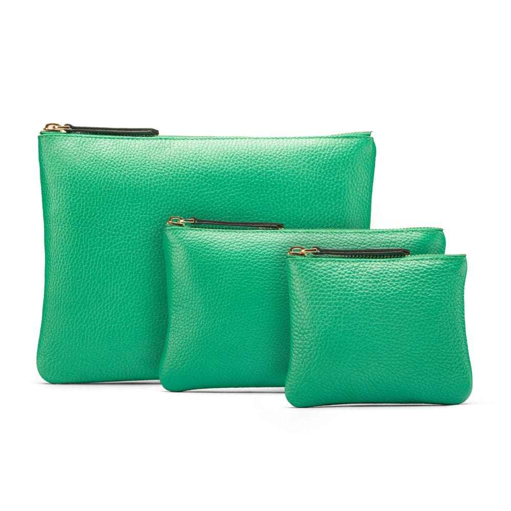 Set of 3 leather makeup bags, emerald green, all sizes