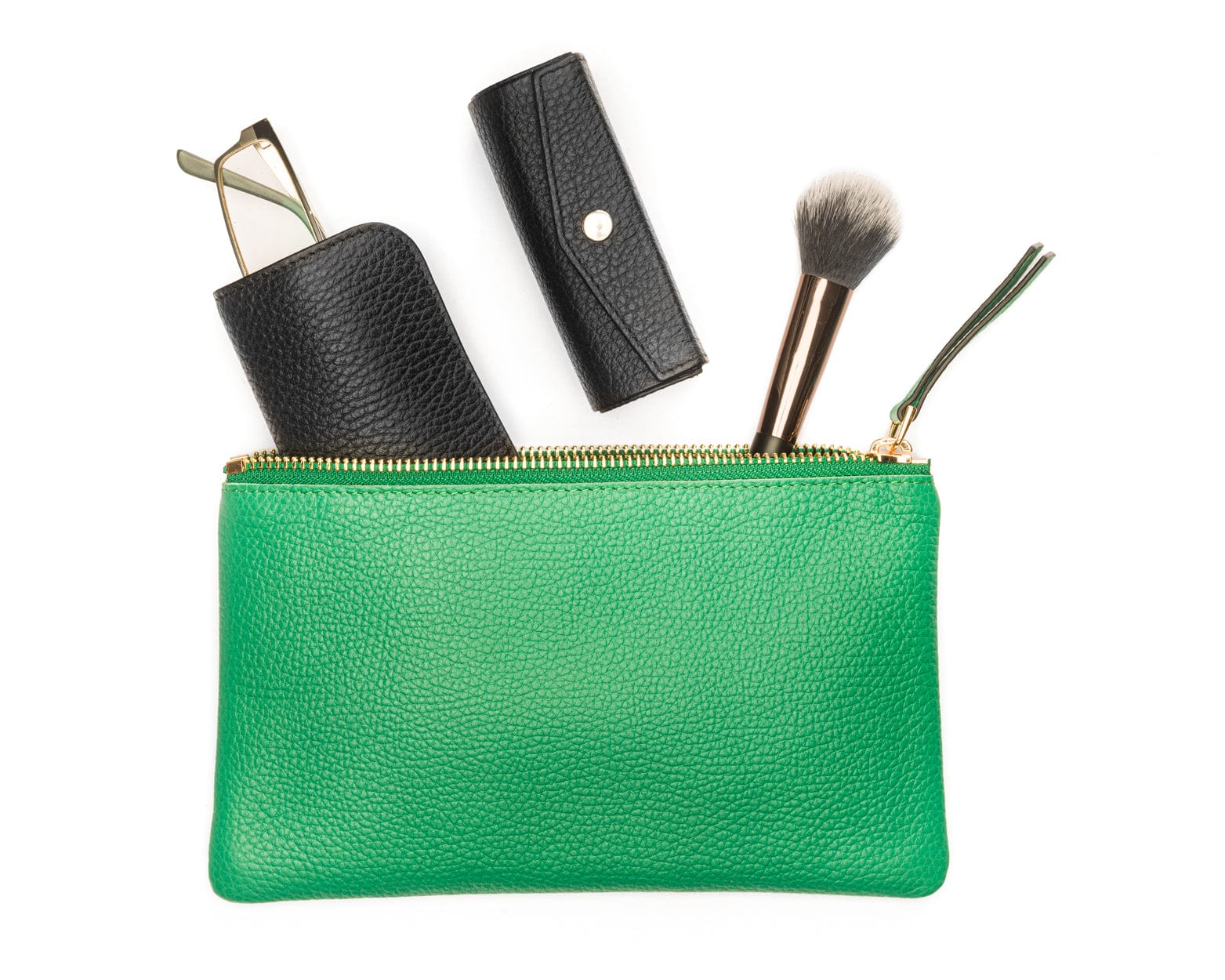 Set of 3 leather makeup bags, emerald green, medium