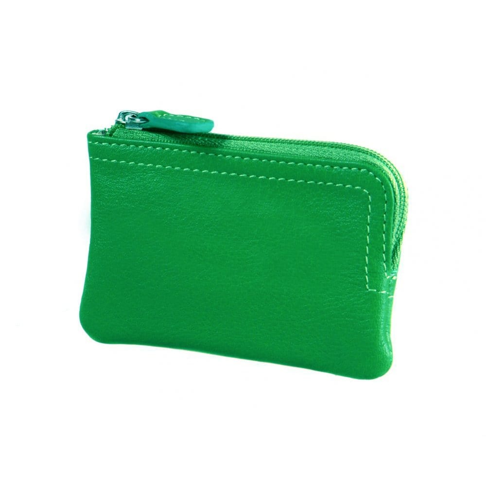 Small leather coin purse with key chain, emerald green, front