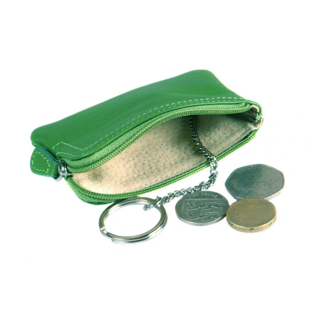 Small leather coin purse with key chain, emerald green, inside