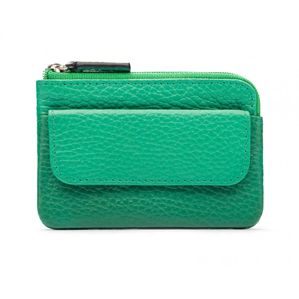Small leather zip coin purse, emerald green, front