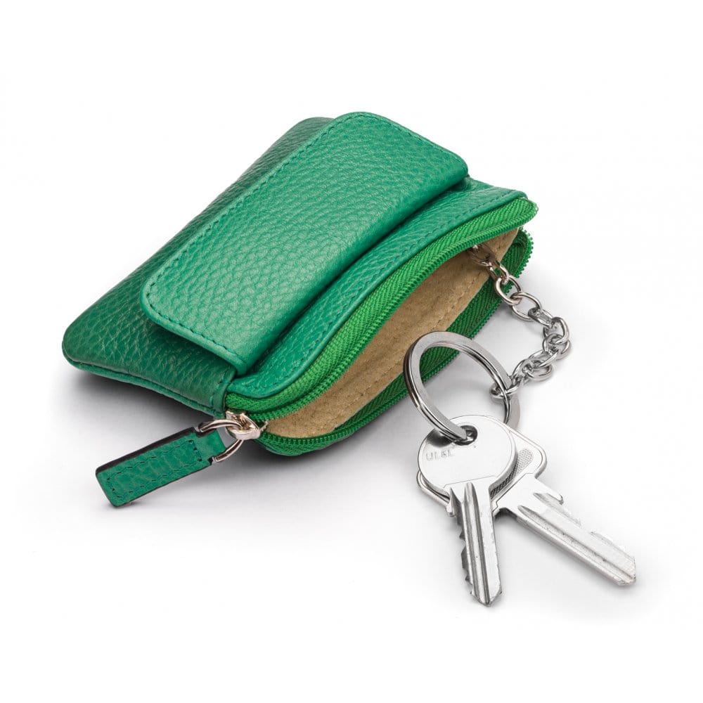 Small leather zip coin purse, emerald green, with key chain