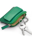 Small leather zip coin purse, emerald green, with key chain